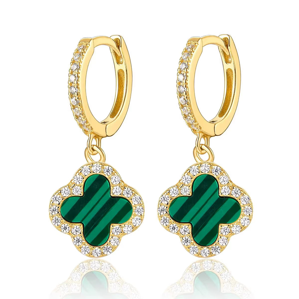 Boucles d'oreilles Créoles Trèfle en Agate Verte