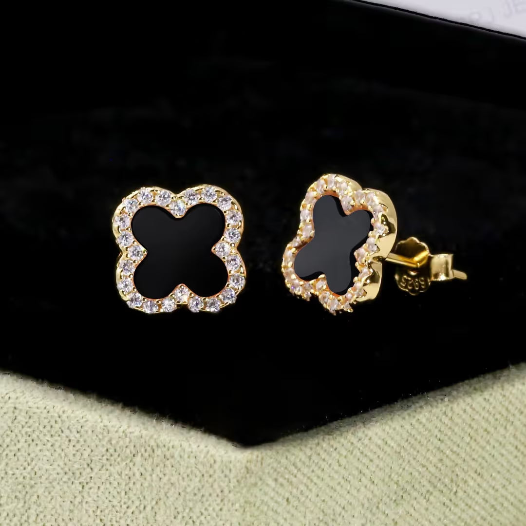 Boucles d'oreilles Créoles Trèfle en Agate Noire