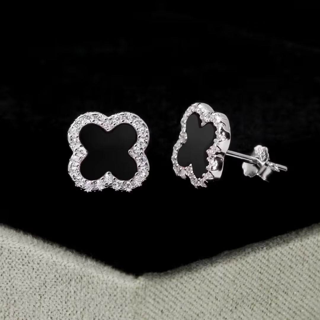 Boucles d'oreilles Créoles Trèfle en Agate Noire